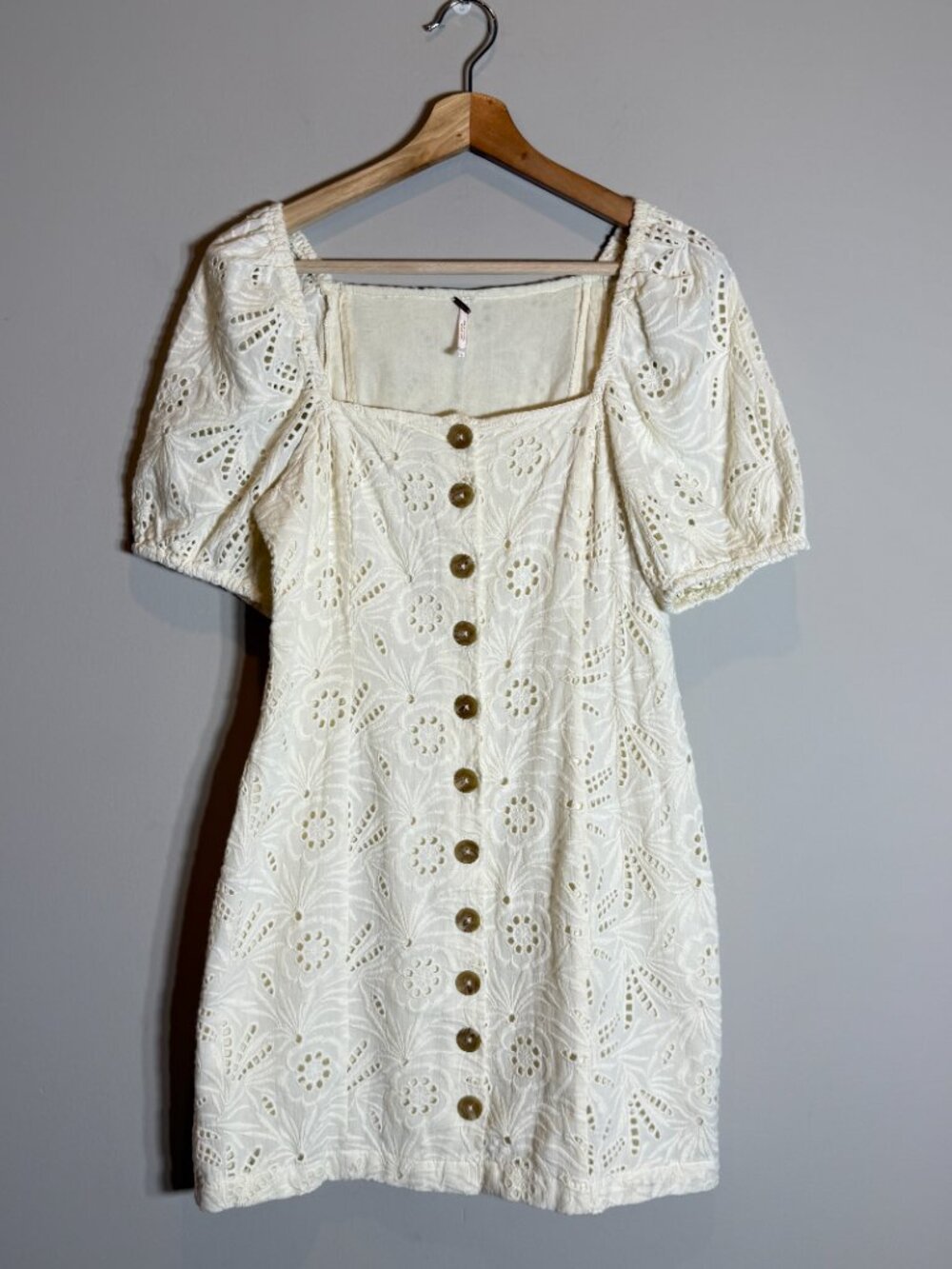 Free People Daniella Eyelet Mini Dress Women's 2 Ivory Puff Sleeve Boho Cotton - Picture 4 of 15